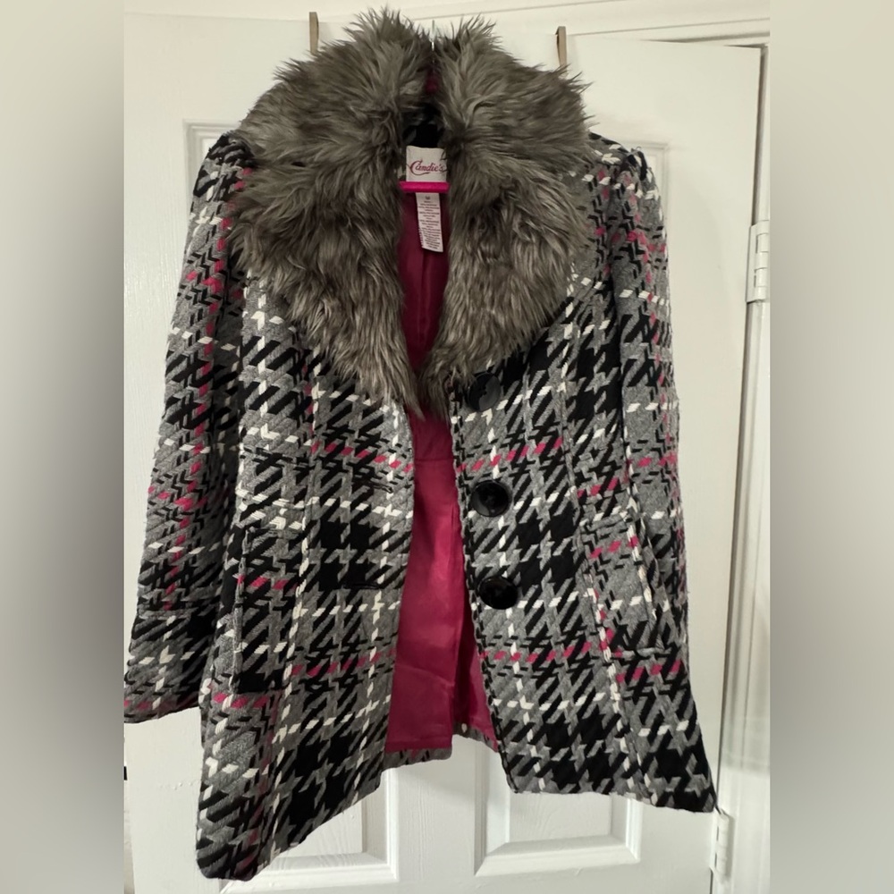 Candie's Gray Faux Fur Coat with Pink Lining